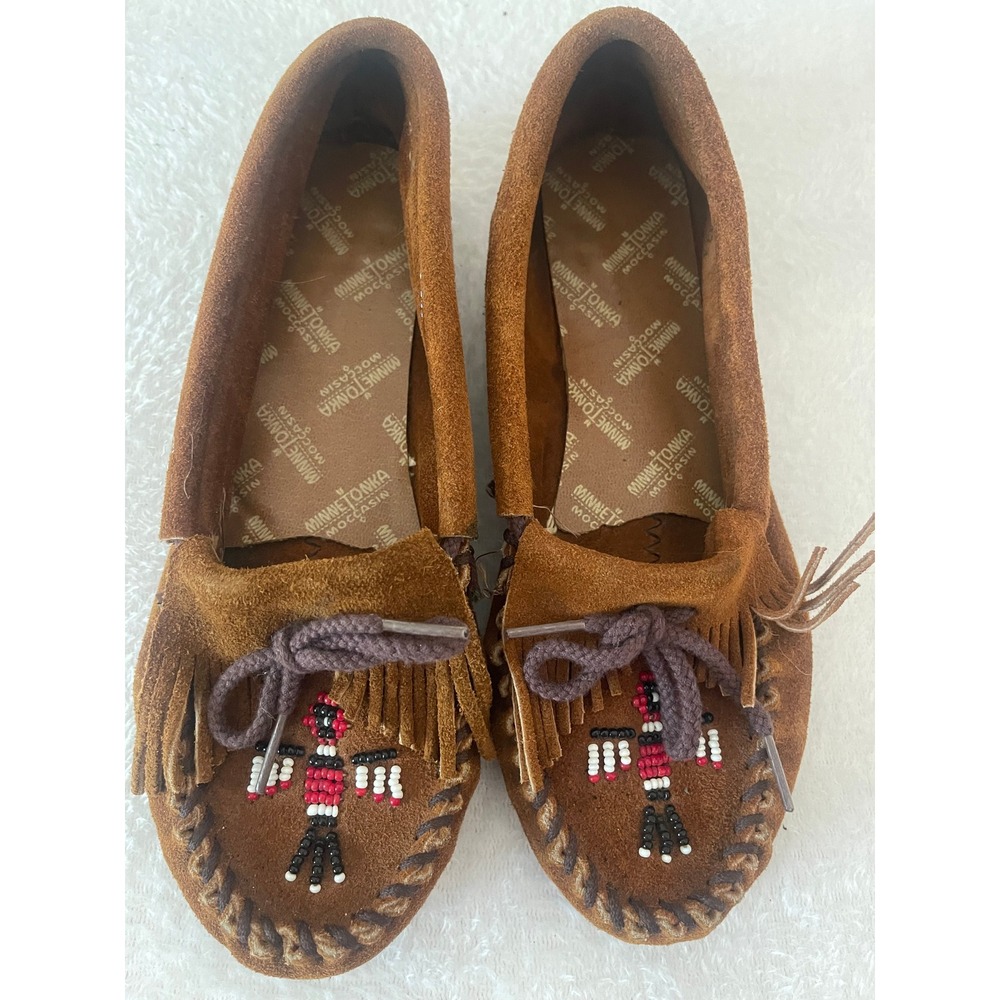 Minnetonka Thunderbird II Brown Suede Beaded Moccasins Womens 7 Made in USA 173